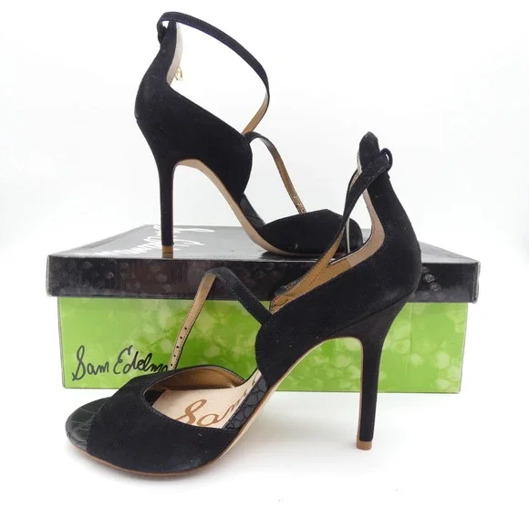 Sam Edelman Audrey Black Suede Ankle Strap Stiletto Heels Size 6.5 M E1025L1001 - Picture 2 of 7